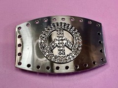 Jeweled Peace Sign Studded Rhinestone Silver Tone Belt Buckle W/ Hole Border
