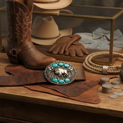 Men Western Belt Buckle Dark Silver Metal Cowboy Bison Buffalo Ox Oval Shape