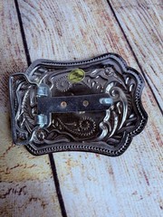 Pair Of Silver Metal Belt Buckles Eagle Seal Embossed Western Thunderbird Paint