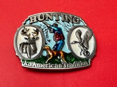 Hunting An American Tradition Vintage Belt Buckle Deer Duck Dog Colorful USA