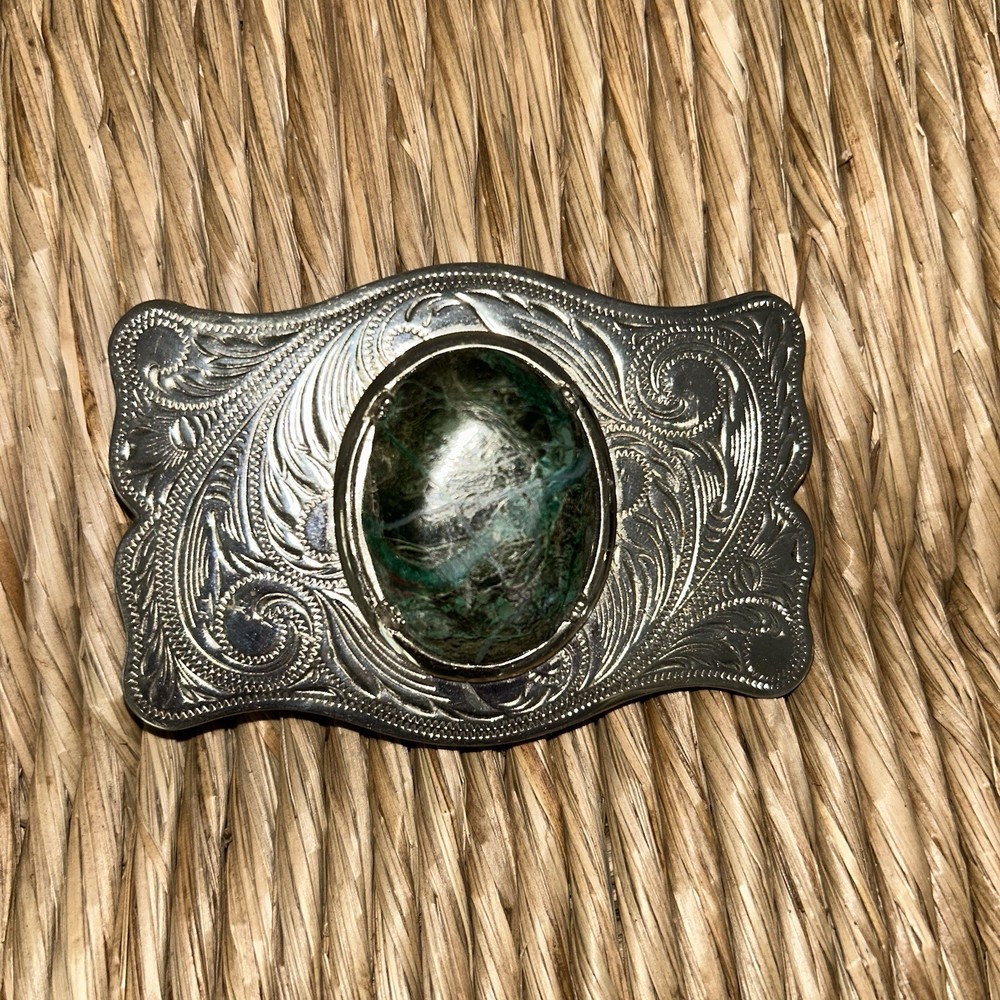 ESTATE SILVER TONE BELT BUCKLE GREEN AGATE SOUTHWESTERN STYLE MEN WOMEN UNISEX