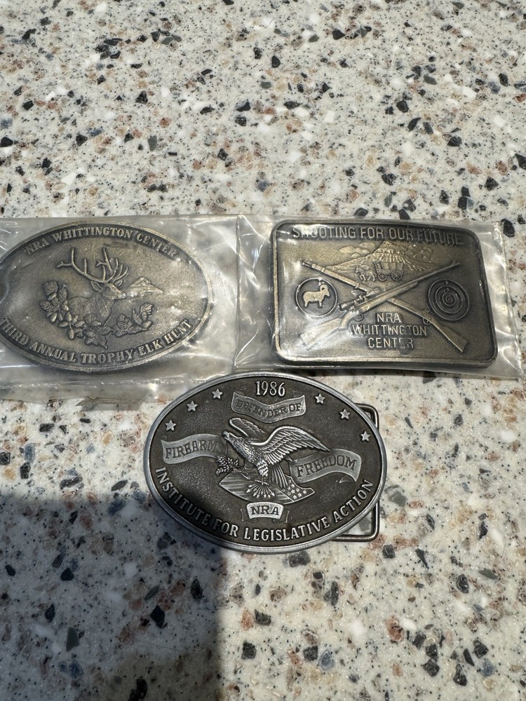 NRA Brass Belt Buckle Lot Of 3. 2 New 1 Used.