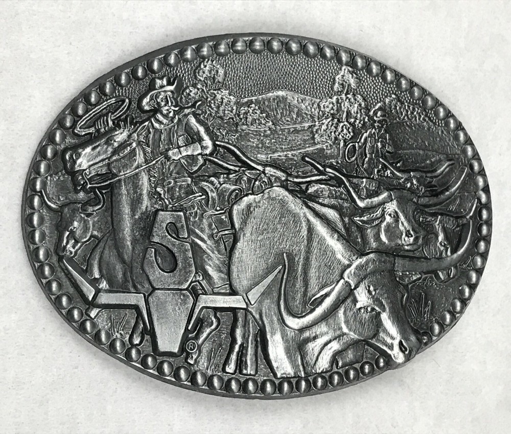 vtg 80s SHEPLERS COWBOY BULL PEWTER AWARD DESIGN MEDALS BELT BUCKLE horse