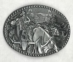 vtg 80s SHEPLERS COWBOY BULL PEWTER AWARD DESIGN MEDALS BELT BUCKLE horse