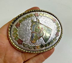VINTAGE SILVER PLATED HORSE THEME BELT BUCKLE Western Tri Color ROSE AND YELLOW