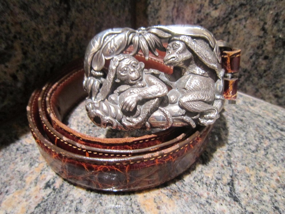 Kieselstein-Cord Sterling Jungle Monkey Buckle W/Brown Alligator Belt Size 4