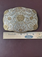 Crumrine Western Belt Buckle Two Tone Silver Gold Floral Scroll El Arturo Bronze