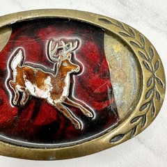 Vintage Aminco 1980 Solid Brass Deer Belt Buckle Red Black Enamel Oval Laurel