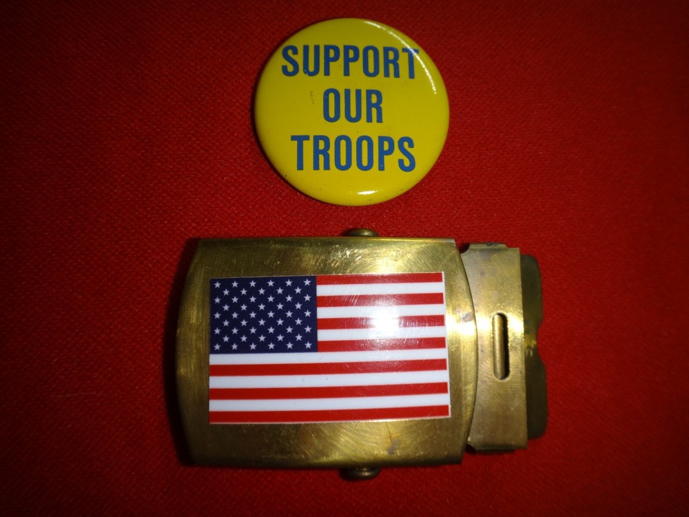 Patriotic SUPPORT OUR TROOPS Metal Pin + USA AMERICA Flag Brass Belt Buckle