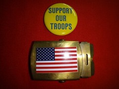 Patriotic SUPPORT OUR TROOPS Metal Pin + USA AMERICA Flag Brass Belt Buckle
