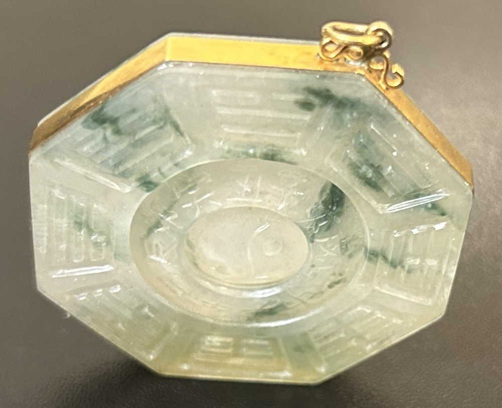 Jadeite Jade Octagonal Pendant with Carved Bagua (Eight Trigrams) Design