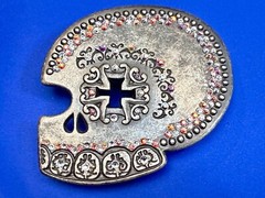 Skull Heads Cross with Rhinestone Accents Gothic Punk Biker ENMON Belt Buckle
