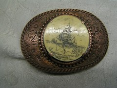 Clipper Ship Scrimshaw Belt Buckle Copper Hawaii