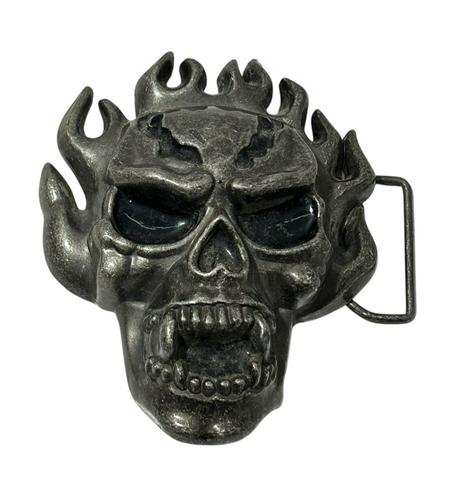Skull Flaming Belt Buckle Fire Tattoo Goth Tribal Large Skeleton Scary Novelty