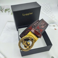 Lyqqine Men&rsquo;s Leather Ratchet Belt Ethnic 125cm, Grass Carving Anchor Brown