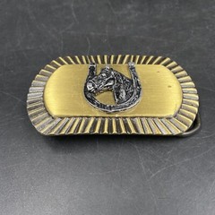 Vintage Texture Brass Horse Head Horseshoe Wetsern Belt Buckle Equestrian