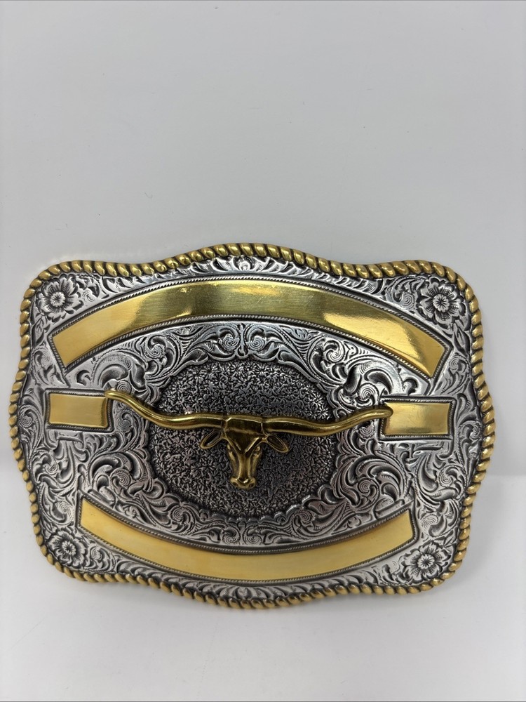 Crumrine Western Rectangle LONGHORN SKULL Belt Buckle.