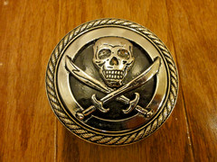 Skull Belt Buckle Crossed Swords Round Biker Gothic Metal 3” Diameter