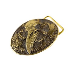 Raven skull brass belt buckle, mythology bird, Gothic Floral Crow skull Design