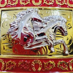 Running Horses Western Buckle Sturdy Thick Square Gold and Red Zinc Alloy