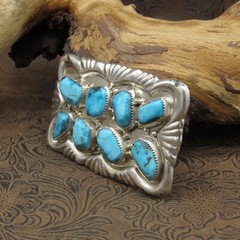 Zuni Sterling Silver 8 Turquoise Stone Belt Buckle By George & Lupeta Leekity