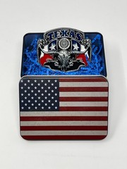 Texas Pride Belt Buckle with USA Flag Container – Western Belt Buckles for Men