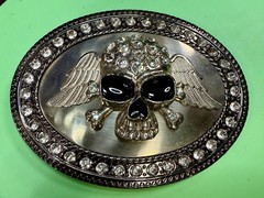 Skull Wings Crossbones with Clear Rhinestone Halloween Gothic LARGE Belt Buckle