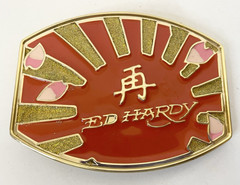 Men&rsquo;s ED HARDY Belt Buckle Only Red Gold Glitter Textured Metal Heavy No Belt