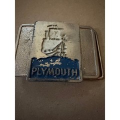 Vintage Plymouth Belt Buckle Silver Tone Blue Enamel Sailing Ship Logo