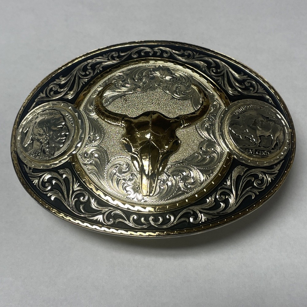 Montana Silversmiths Two-Tone Buffalo Nickel Belt Buckle with Longhorn Skull
