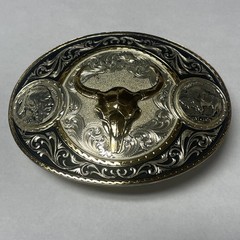 Montana Silversmiths Two-Tone Buffalo Nickel Belt Buckle with Longhorn Skull