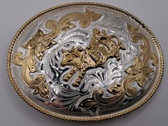 Alpaca Mexico Silver Gold Tone Large Rodeo Belt Buckle Cowboy Bull Rider 5&Prime;x4&Prime;