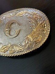 Vintage Collectible Initial Metal Two Tone Swirls Belt Buckle