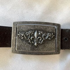 Fleur de Lis reversible pewter type belt buckle. Monogram M on the reverse side
