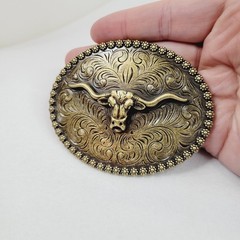 Longhorn Steer Belt Buckle Western Cowboy Rodeo Relief Bull Scroll Bronze Tone