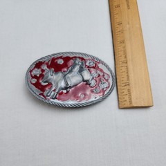 Vintage Bull Riding Rodeo Grey Oval Belt Buckle 1986 Red Painted Background