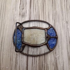 Vtg Stained Glass Flute Belt Buckle Handmade Copper Tone Blue Art Glass Artisan