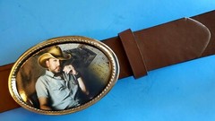 JASON ALDEAN Epoxy Belt Buckle Country Music Singer & Brown Bonded Leather Belt