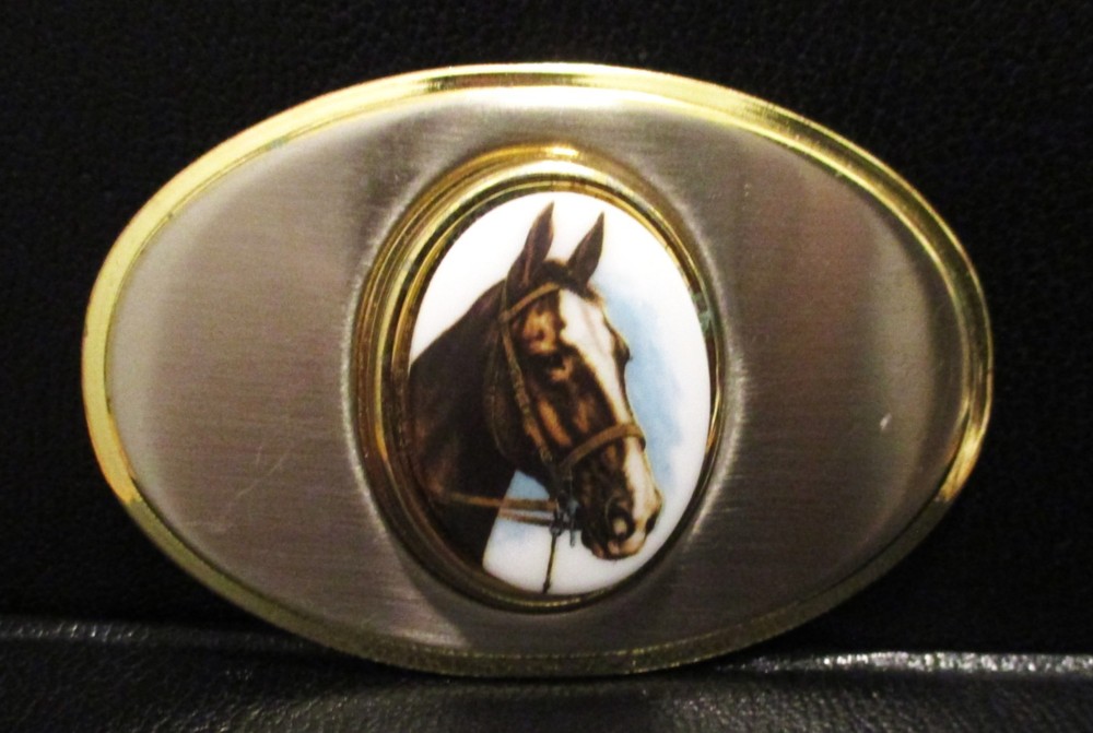 Western Style Horse Metal & Celluloid Belt Buckle Quarter Arabian Thoroughbred