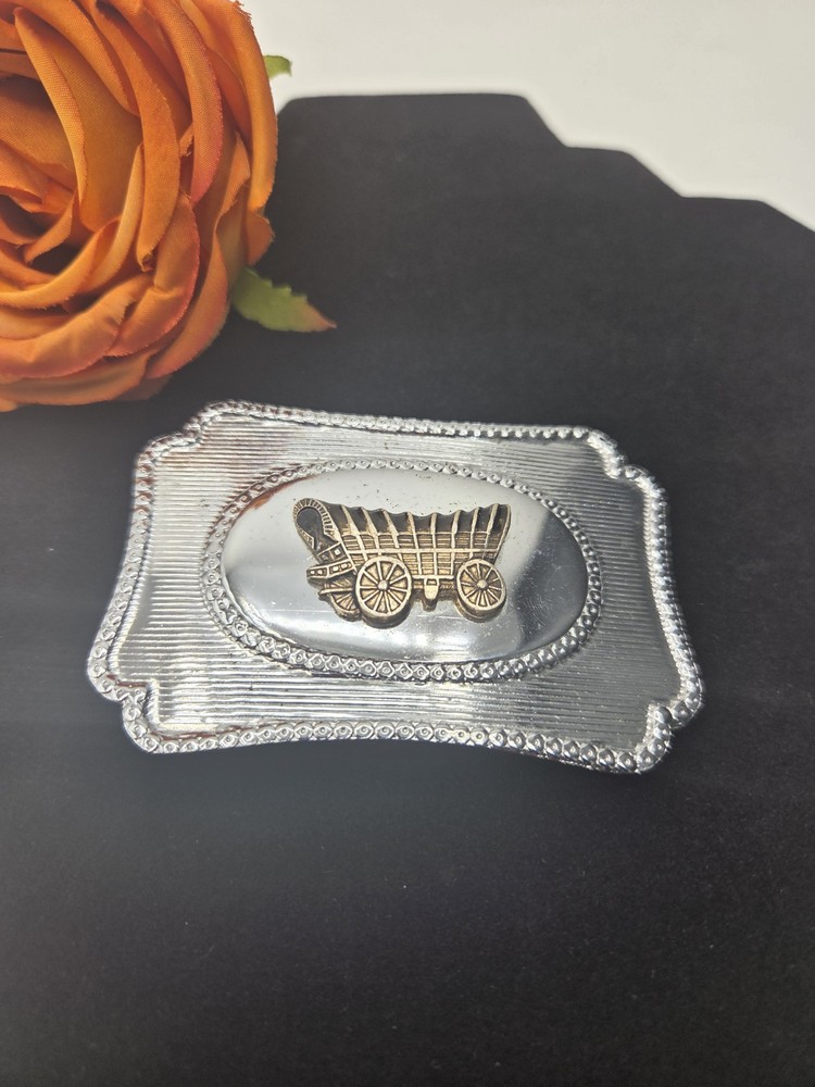 VINTAGE COVERED WAGON OVAL CENTER SILVERTONE BELT BUCKLE Cowboy Stagecoach