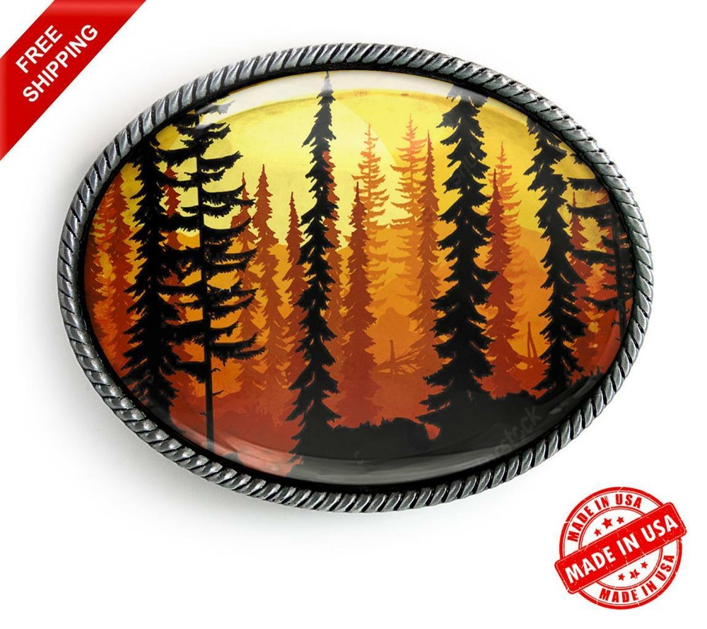 Forest Belt Buckle – Tree Landscape Minimalist Handmade Silver Buckle – 628