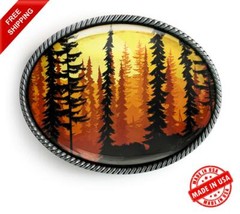 Forest Belt Buckle – Tree Landscape Minimalist Handmade Silver Buckle – 628