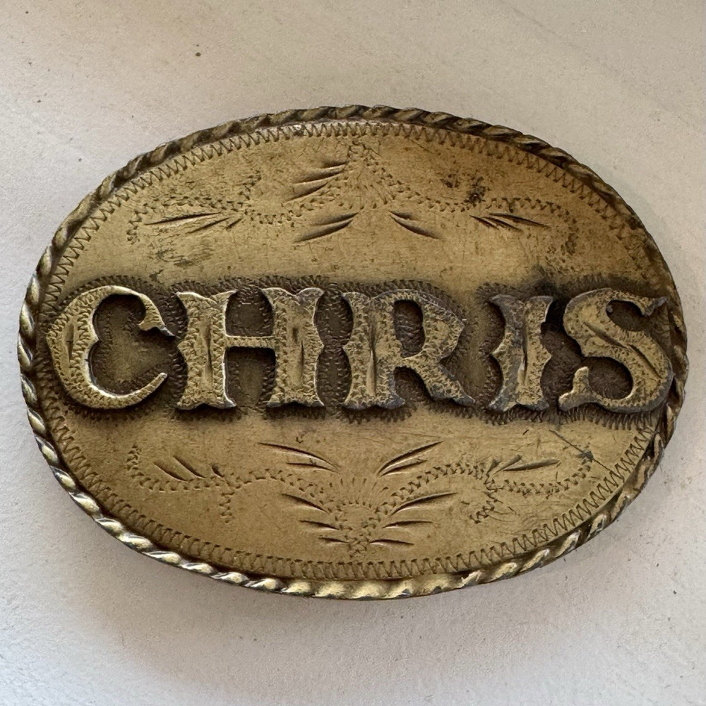 Spec-Cast Vintage CHRIS Oval Western Engraved Cowboy Belt Buckle Gold 1981