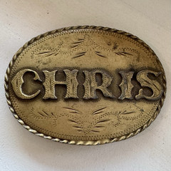 Spec-Cast Vintage CHRIS Oval Western Engraved Cowboy Belt Buckle Gold 1981