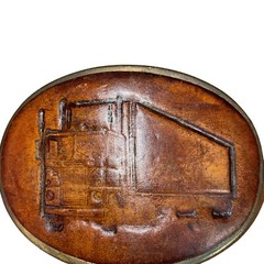 Vintage Leather Embossed 18 Wheeler Truck Brass Belt Buckle Made in USA