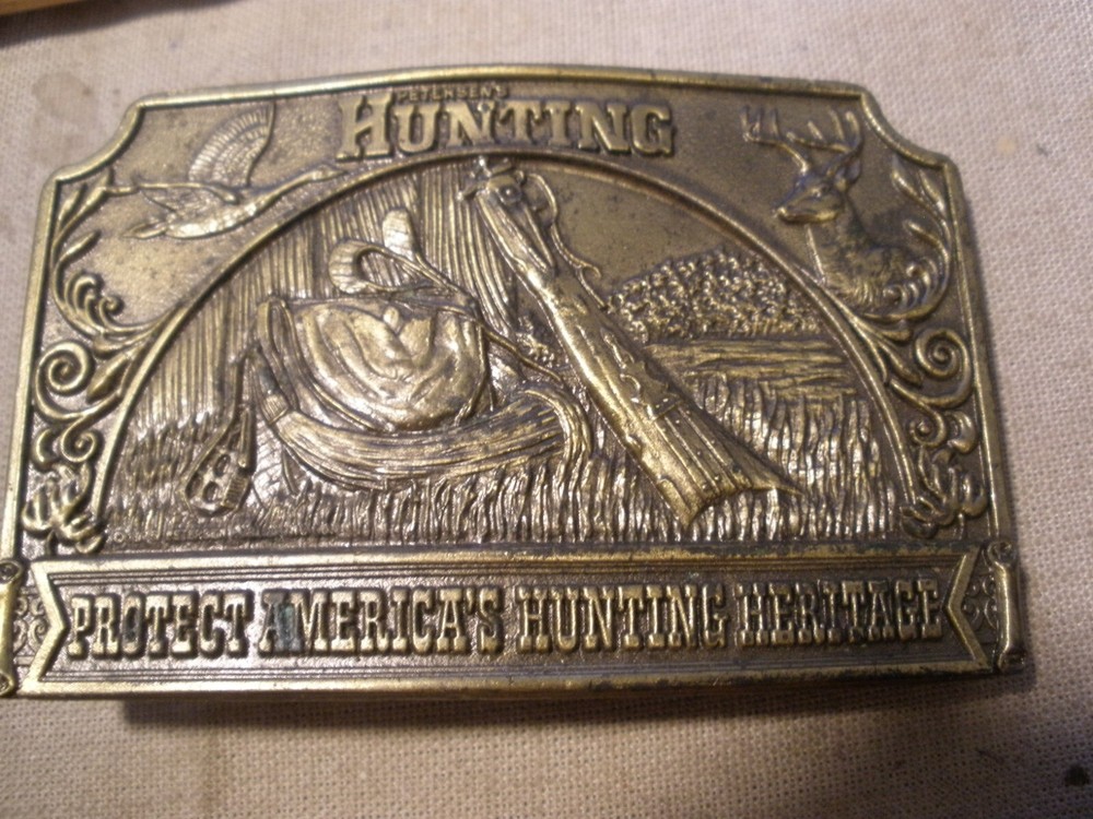 Vintage 1976 Brass Belt Buckle Hunting Protect America’s Hunting Heritage 3.5&Prime; x