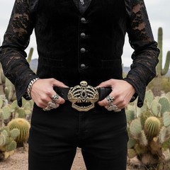 Men Women Dark Gold Belt Buckle Skull Skeleton Bones Pirate King Crown Halloween