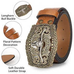 OVOY Men Women Vintage Cow-Head-Buckle For Waist 36-40 in, Brown