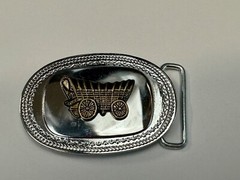 Vintage Covered Wagon On Reflective Oval Two Tone Western Belt Buckle