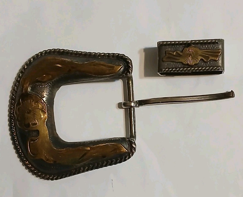 Vtg Alpaca Mexico Western Belt Buckle Keeper Set Floral Mixed Metal 1&Prime; Bar